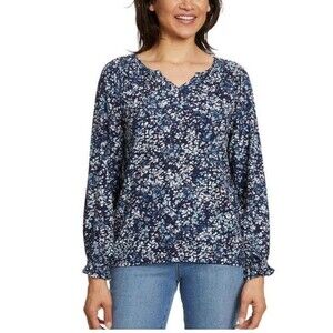 Jessica Simpson Blouse Women's Medium Blue Floral Smocked Ruffle Balloon Sleeves